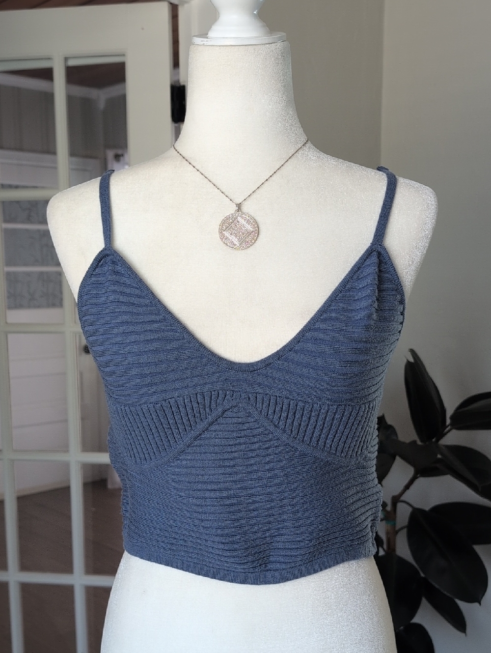 aerie Slate Blue Ribbed Knit Cropped Cami Large